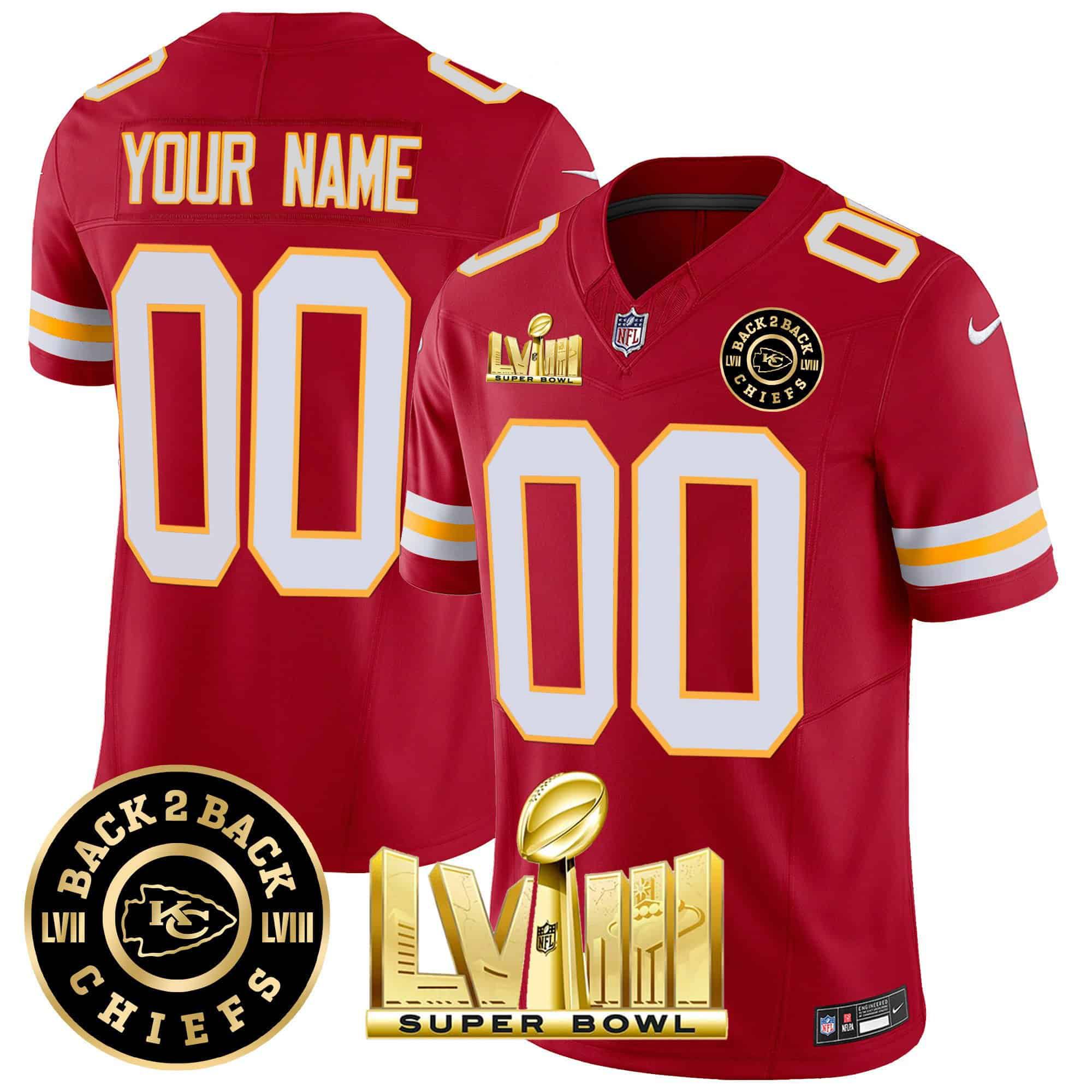 Men Kansas City Chiefs Red 2024 Nike Super Bowl LVIII & Back-2-Back Patch Vapor Custom NFL Jersey style 3->women nfl jersey->Women Jersey